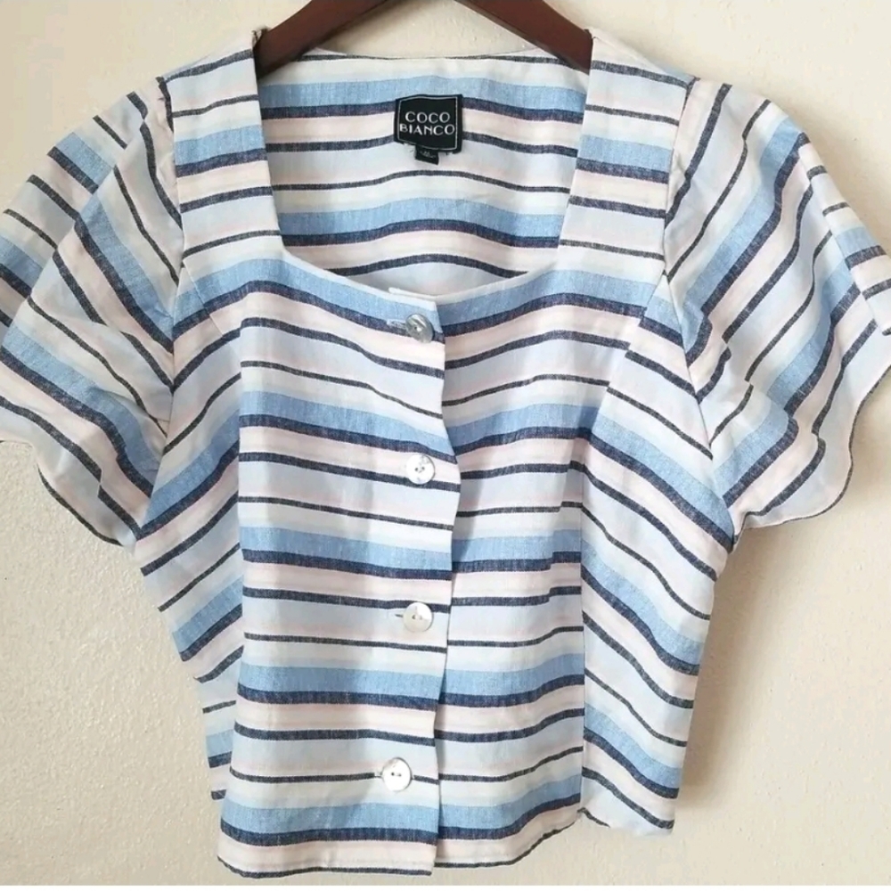 COCO BIANCO Women's Short Puffed Sleeve Square Neck Striped Linen Top Size M